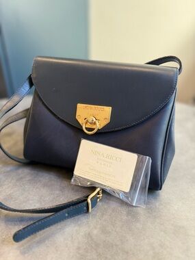 Nina Ricci w COA Navy Leather Crossbody with Gold Tone Lock